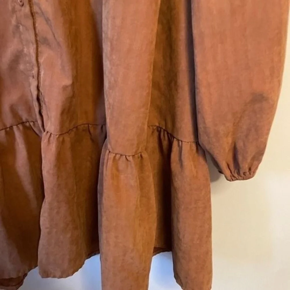 Hyfve Rust Brown Tiered Button Down Mini Dress Long Balloon Sleeve XS